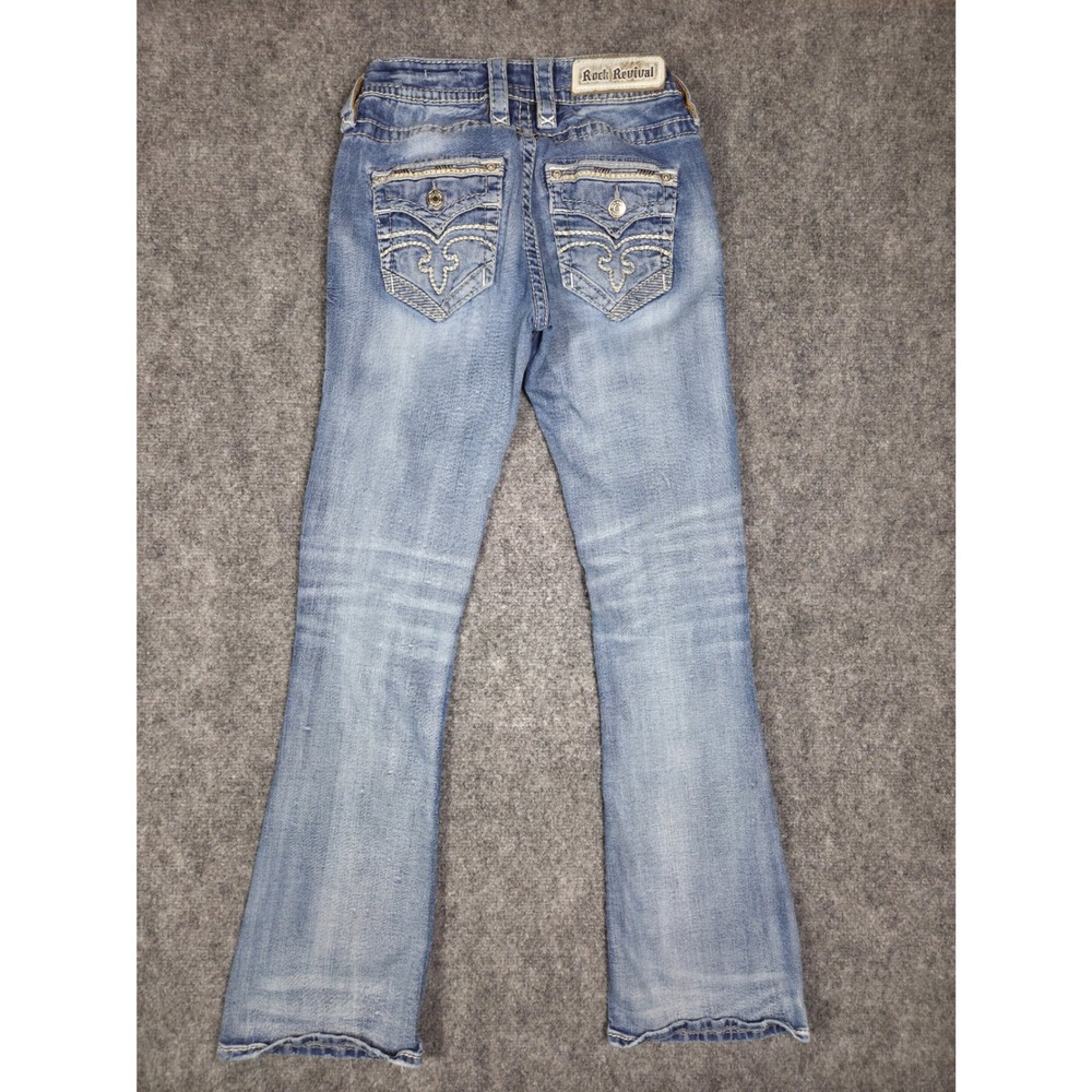 Rock Revival Lang Bootcut Jeans Womens 26 Blue Distressed Mid Rise Thick Stitch - Picture 6 of 13